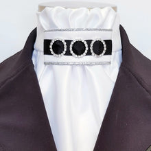 Load image into Gallery viewer, ERA EURO REGAL STOCK TIE - White satin with silver piping, black grosgrain trim and crystal rings
