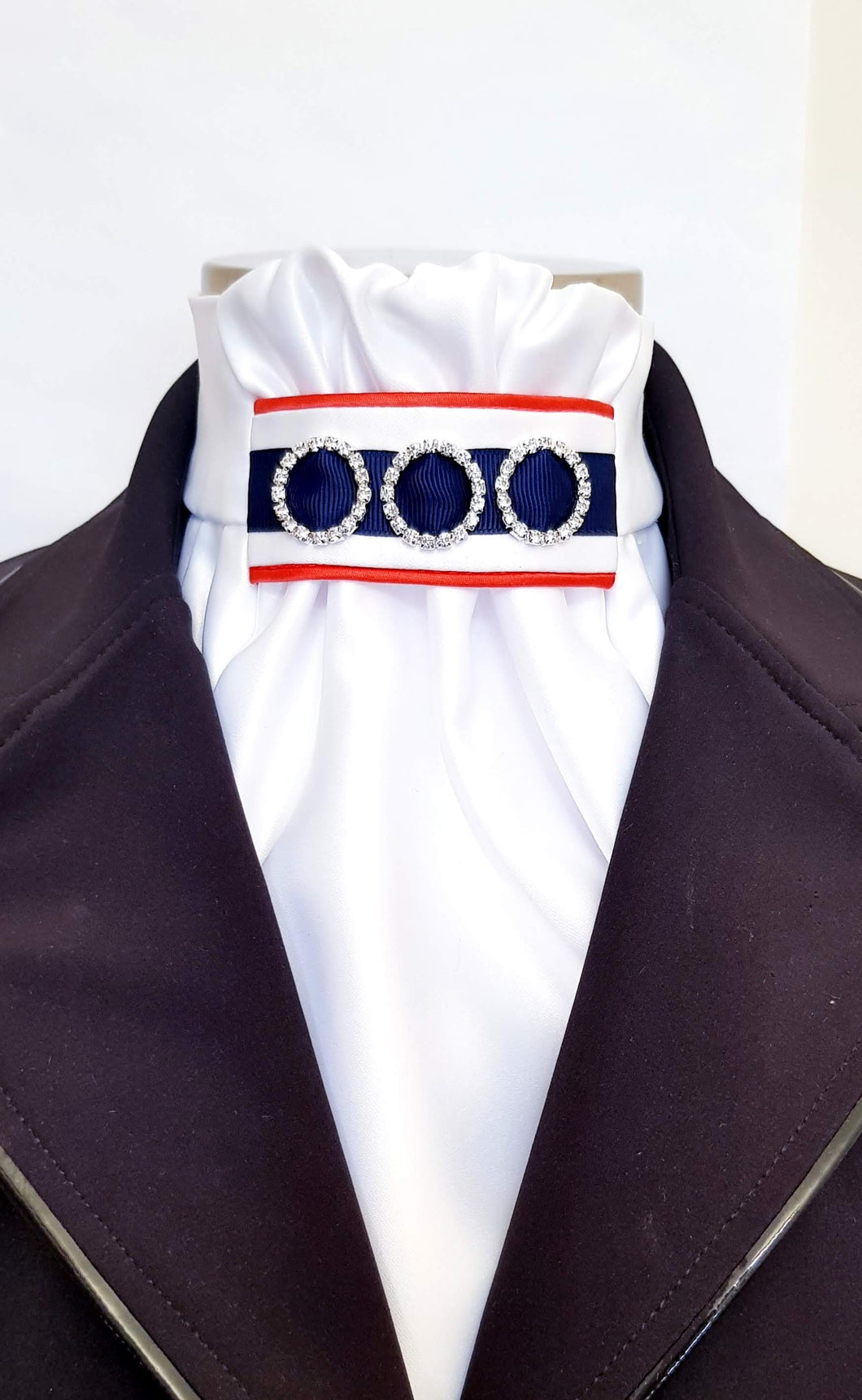 ERA EURO REGAL STOCK TIE - White satin, red piping, navy trim and crystal rings