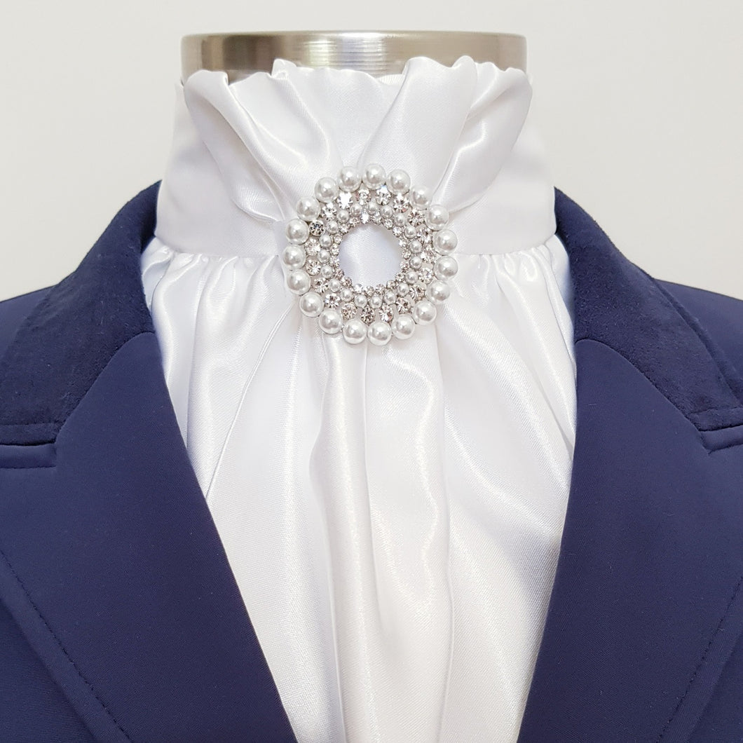 ERA EURO CHEVAL LUSTRE STOCK TIE - White lustre satin with Diore pearl brooch in silver