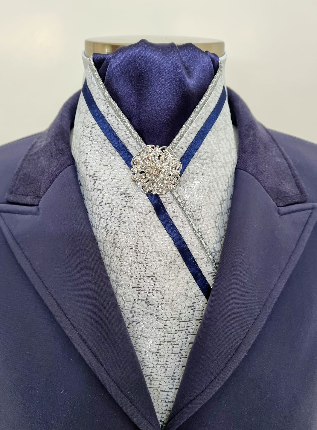 ERA FIONA STOCK TIE - Silver brocade with navy, metallic silver piping, navy trim and brooch