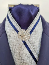 Load image into Gallery viewer, ERA FIONA STOCK TIE - Silver brocade with navy, metallic silver piping, navy trim and brooch
