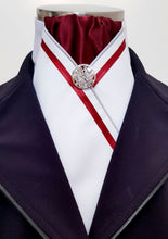 Load image into Gallery viewer, ERA FIONA STOCK TIE - White satin with trim and brooch - 5 colours - Navy, red, burgundy, black
