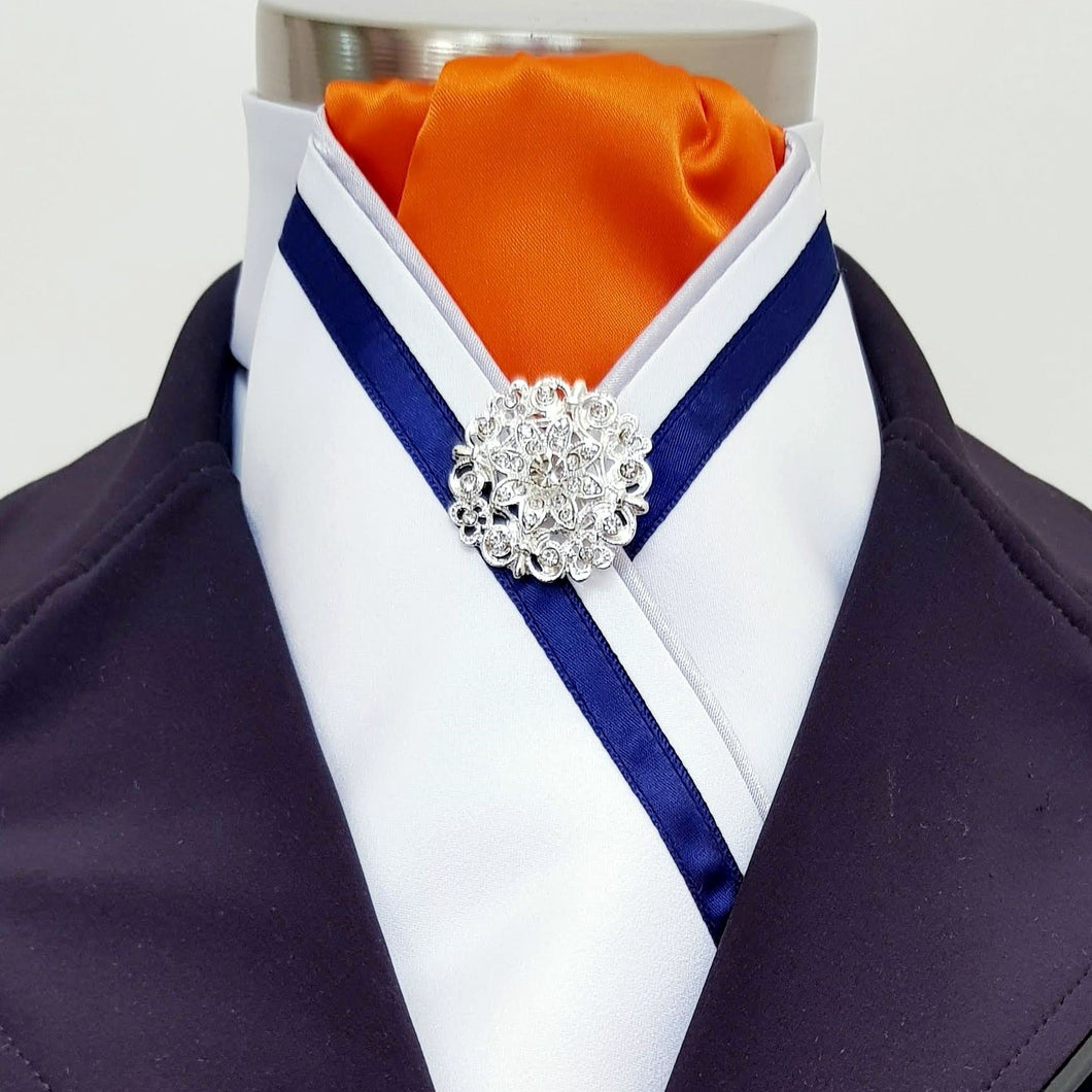 ERA FIONA STOCK TIE - White satin & orange with silver piping, navy trim & brooch