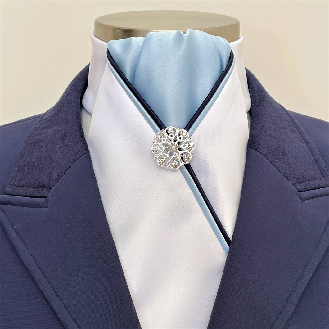 ERA HARLEY STOCK TIE - White satin, pale blue, navy and pale blue piping and silver brooch
