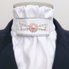 Load image into Gallery viewer, ERA EURO REGAL ISABEL STOCK TIE - White satin, silver piping, pink pearl embellishment
