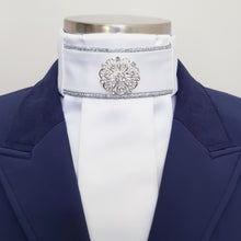 Load image into Gallery viewer, ERA EURO KARA STOCK TIE - White satin, pleated with silver piping and brooch
