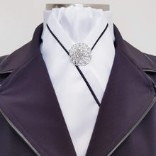 Load image into Gallery viewer, ERA KATE STOCK TIE - White satin, black piping &amp; silver brooch
