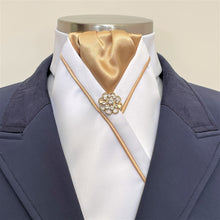 Load image into Gallery viewer, ERA KATE STOCK TIE - White satin, gold with gold satin piping &amp; gold brooch
