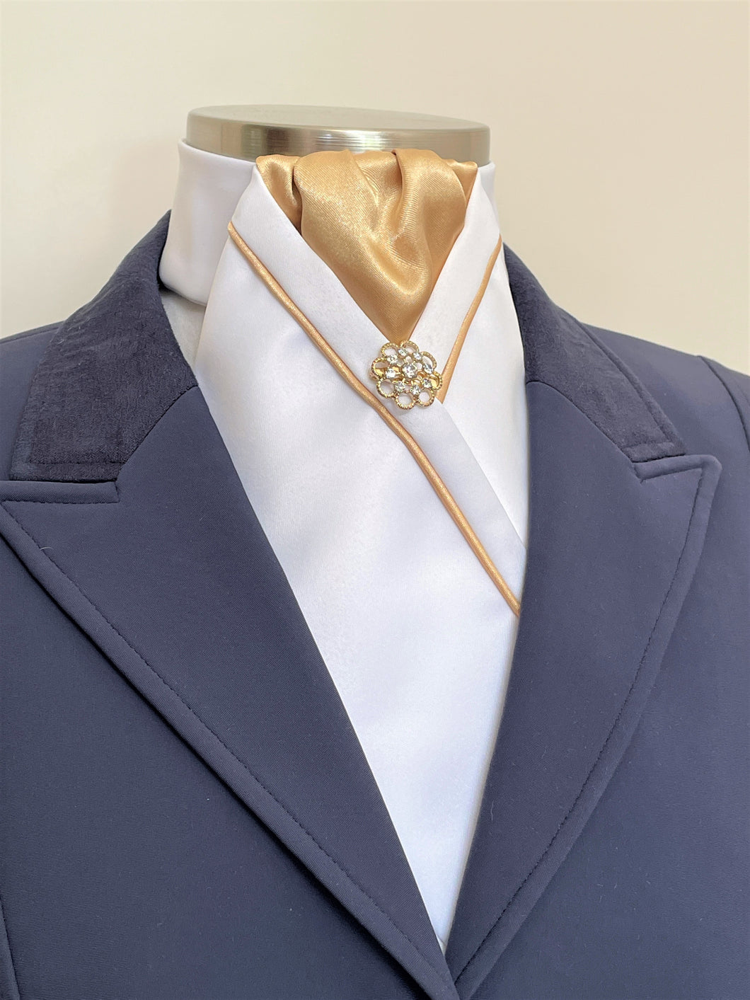 ERA KATE STOCK TIE - White satin, gold with gold satin piping & gold brooch