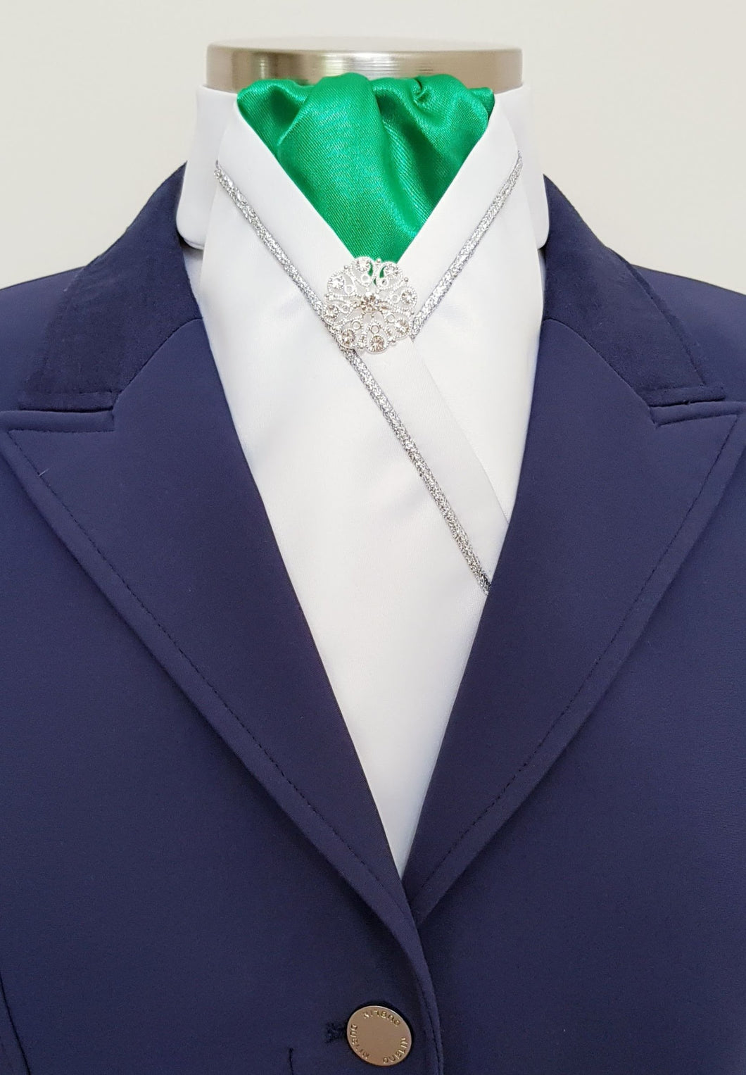 ERA KATE STOCK TIE - White satin, apple green with silver piping & brooch