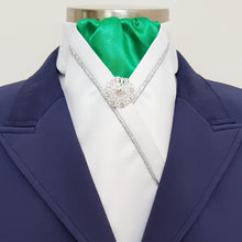 Load image into Gallery viewer, ERA KATE STOCK TIE - White satin, apple green with silver piping &amp; brooch

