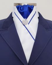 Load image into Gallery viewer, ERA KATE STOCK TIE - White satin, royal blue with matching piping and brooch
