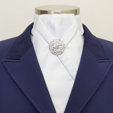 Load image into Gallery viewer, ERA KATE STOCK TIE - White satin, silver satin piping &amp; silver brooch
