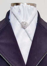 Load image into Gallery viewer, ERA KATE STOCK TIE - White satin with silver metallic piping and brooch
