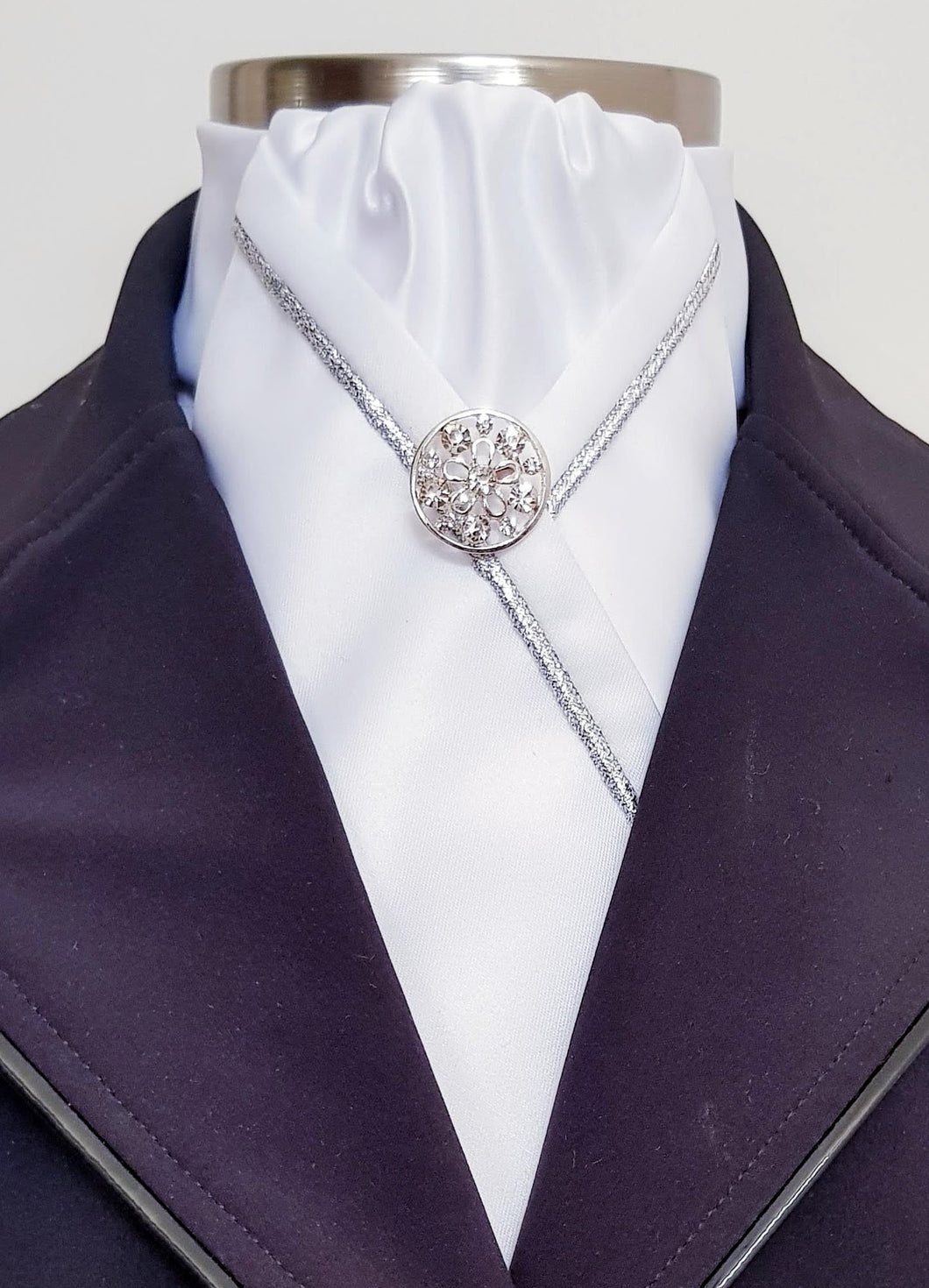 ERA KATE STOCK TIE - White satin with silver metallic piping and brooch
