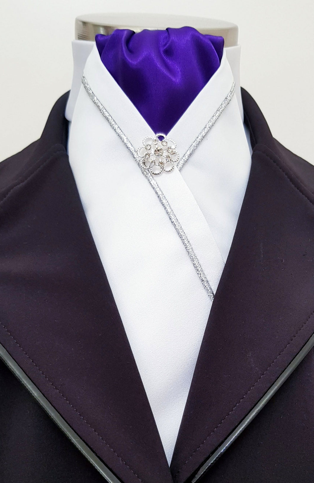 ERA KATE STOCK TIE - White satin, purple, silver piping and brooch