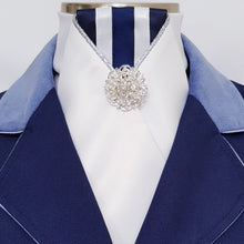 Load image into Gallery viewer, ERA LOTTA STOCK TIE - White satin, navy &amp; white striped, silver piping and brooch
