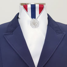 Load image into Gallery viewer, ERA LOTTA STOCK TIE - White satin, red, white &amp; blue striped, silver piping and brooch
