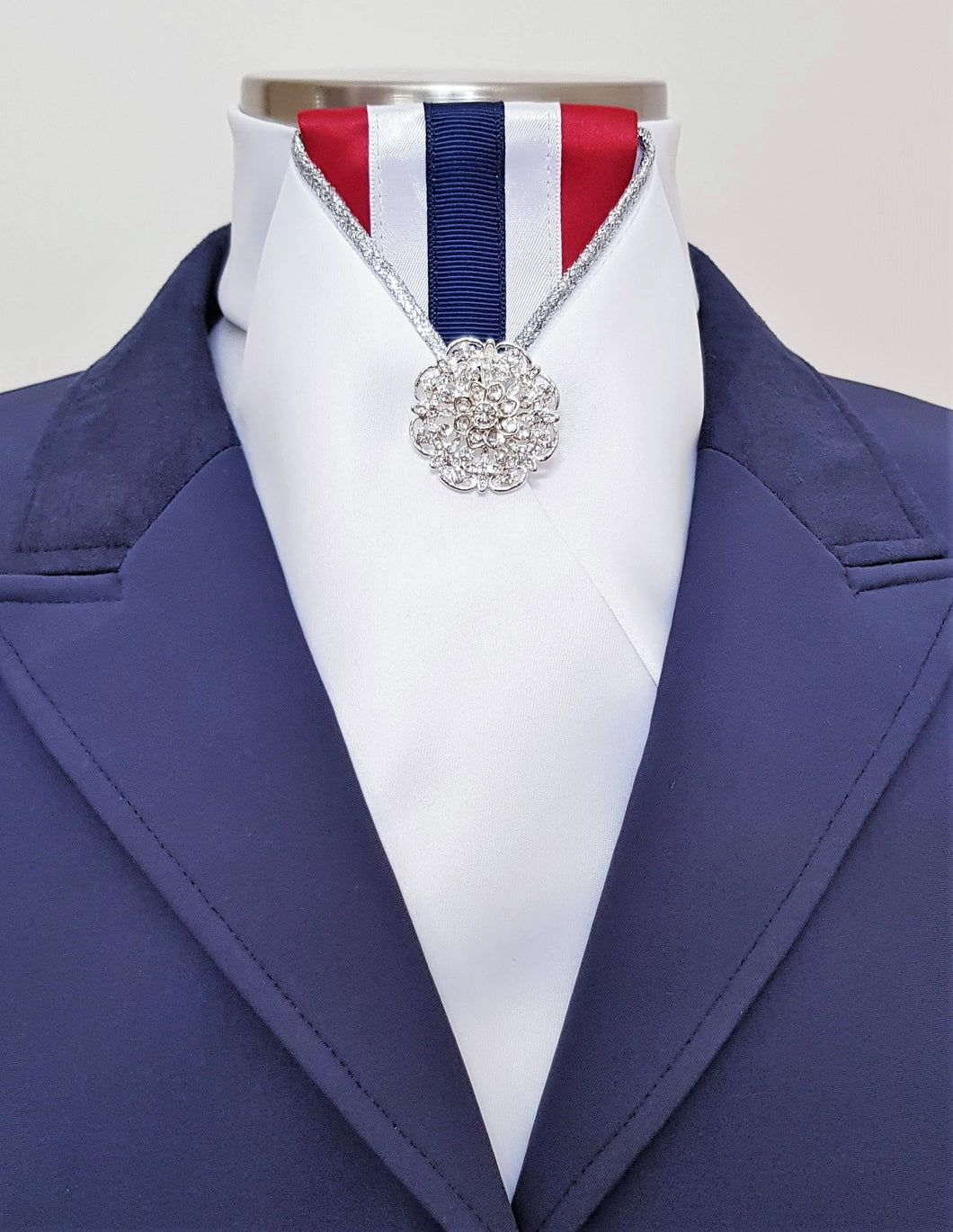 ERA LOTTA STOCK TIE - White satin, red, white & blue striped, silver piping and brooch