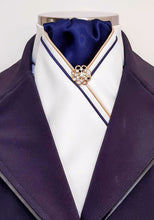 Load image into Gallery viewer, ERA MARLO STOCK TIE - Cream satin, navy, gold &amp; navy piping and brooch
