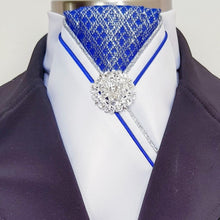Load image into Gallery viewer, ERA MARLO STOCK TIE - White satin, royal blue/silver brocade with 2 piping &amp; brooch
