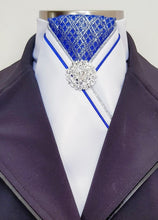 Load image into Gallery viewer, ERA MARLO STOCK TIE - White satin, royal blue/silver brocade with 2 piping &amp; brooch
