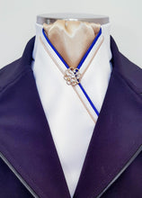 Load image into Gallery viewer, ERA MARLO STOCK TIE - White satin, gold, royal blue &amp; gold piping and brooch
