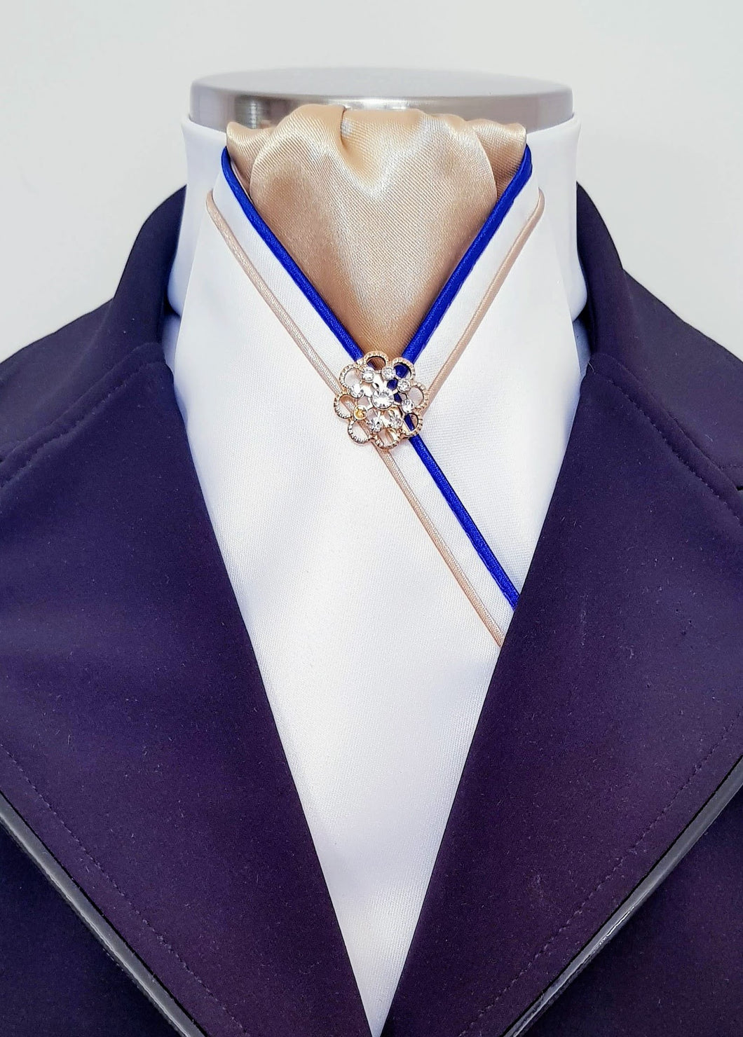 ERA MARLO STOCK TIE - White satin, gold, royal blue & gold piping and brooch