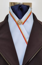 Load image into Gallery viewer, ERA RACHAEL STOCK TIE - Pale blue satin, navy, red &amp; gold piping &amp; brooch
