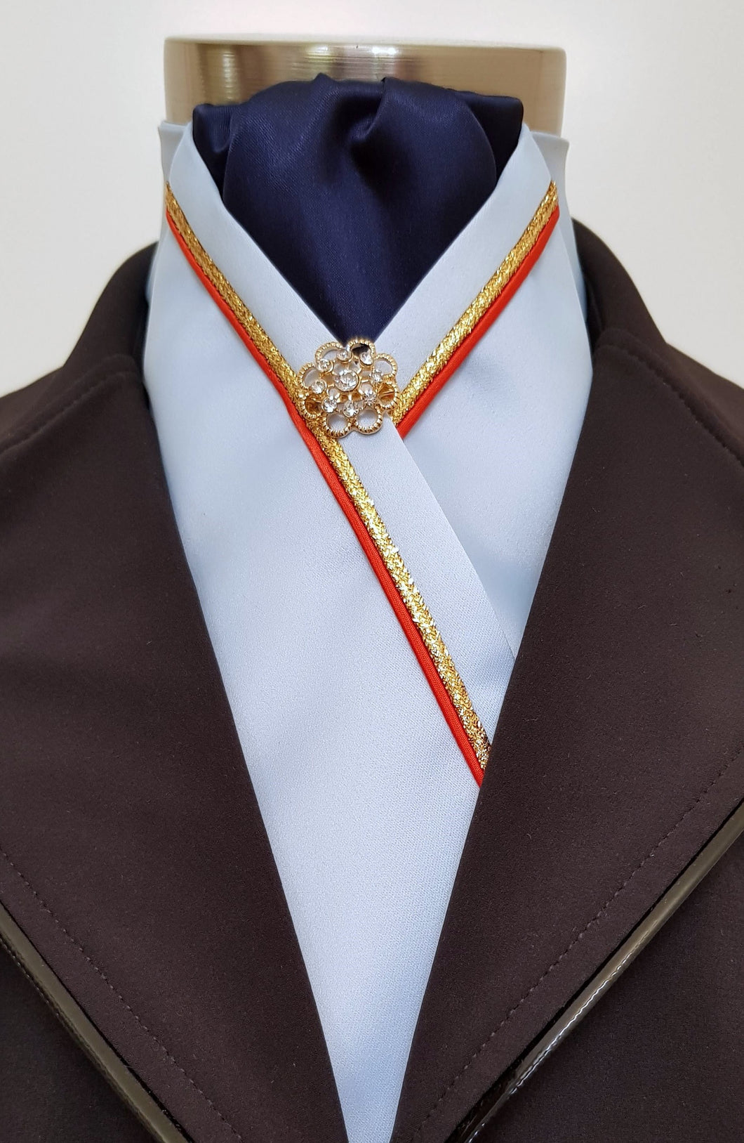 ERA RACHAEL STOCK TIE - Pale blue satin, navy, red & gold piping & brooch