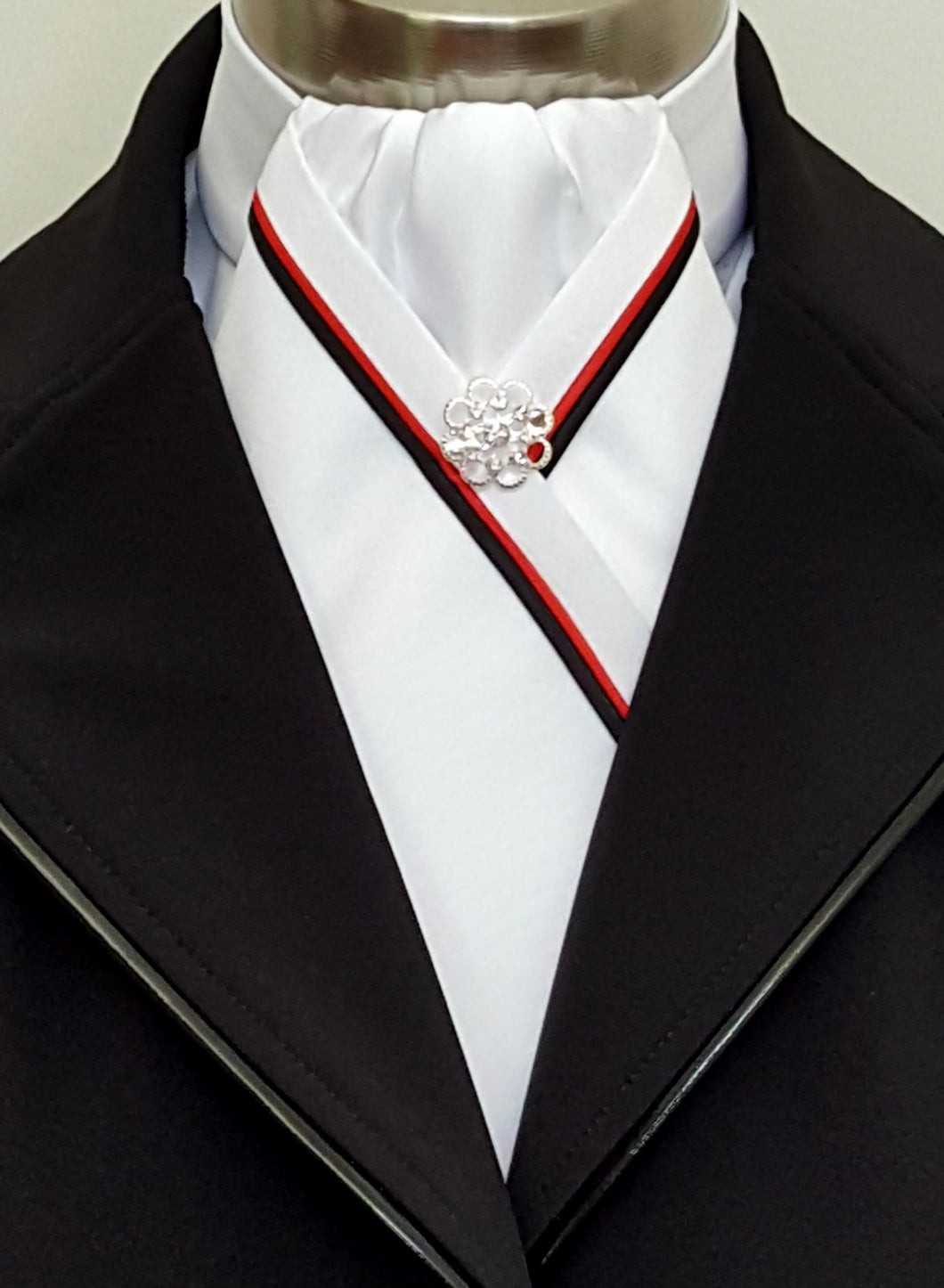 ERA RACHAEL STOCK TIE - White satin, red & black piping & brooch