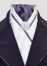 Load image into Gallery viewer, ERA RACHAEL STOCK TIE - White satin, dark grey, silver &amp; grey piping &amp; brooch
