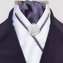 Load image into Gallery viewer, ERA RACHAEL STOCK TIE - White satin, dark grey, silver &amp; grey piping &amp; brooch
