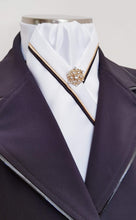 Load image into Gallery viewer, ERA RACHAEL STOCK TIE - White satin, black &amp; gold satin piping &amp; brooch
