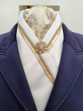 Load image into Gallery viewer, ERA RACHAEL STOCK TIE - White satin with gold metallic spot brocade, trim, piping and brooch
