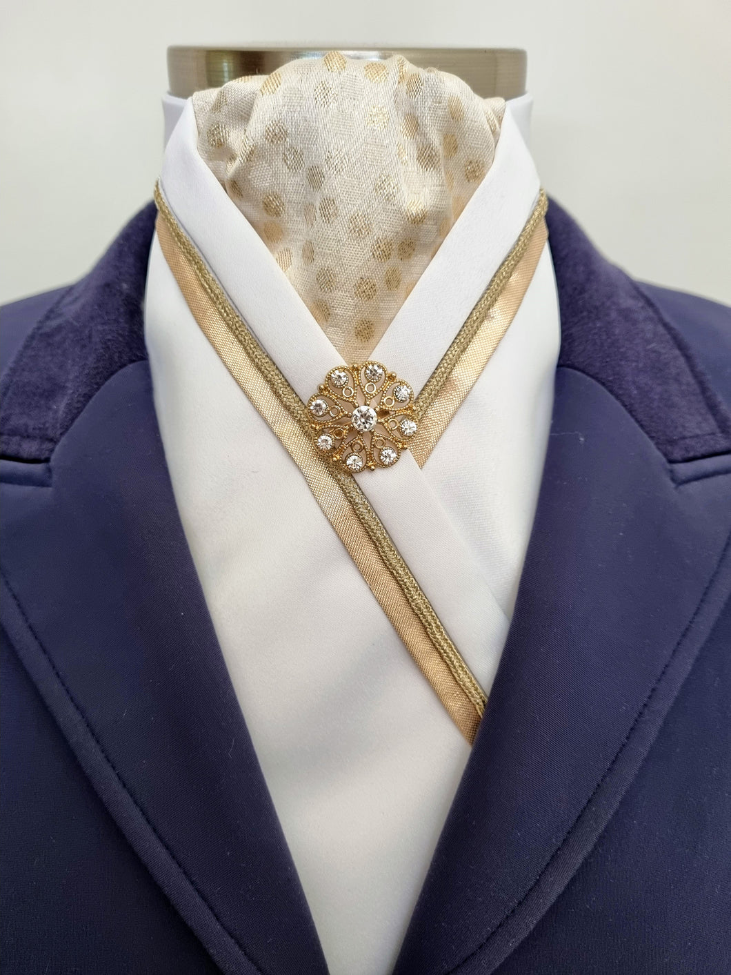 ERA RACHAEL STOCK TIE - White satin with gold metallic spot brocade, trim, piping and brooch