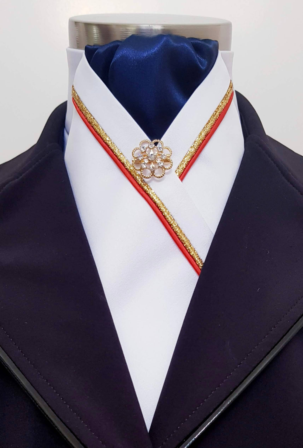 ERA RACHAEL STOCK TIE - White satin, navy, gold & red piping & brooch