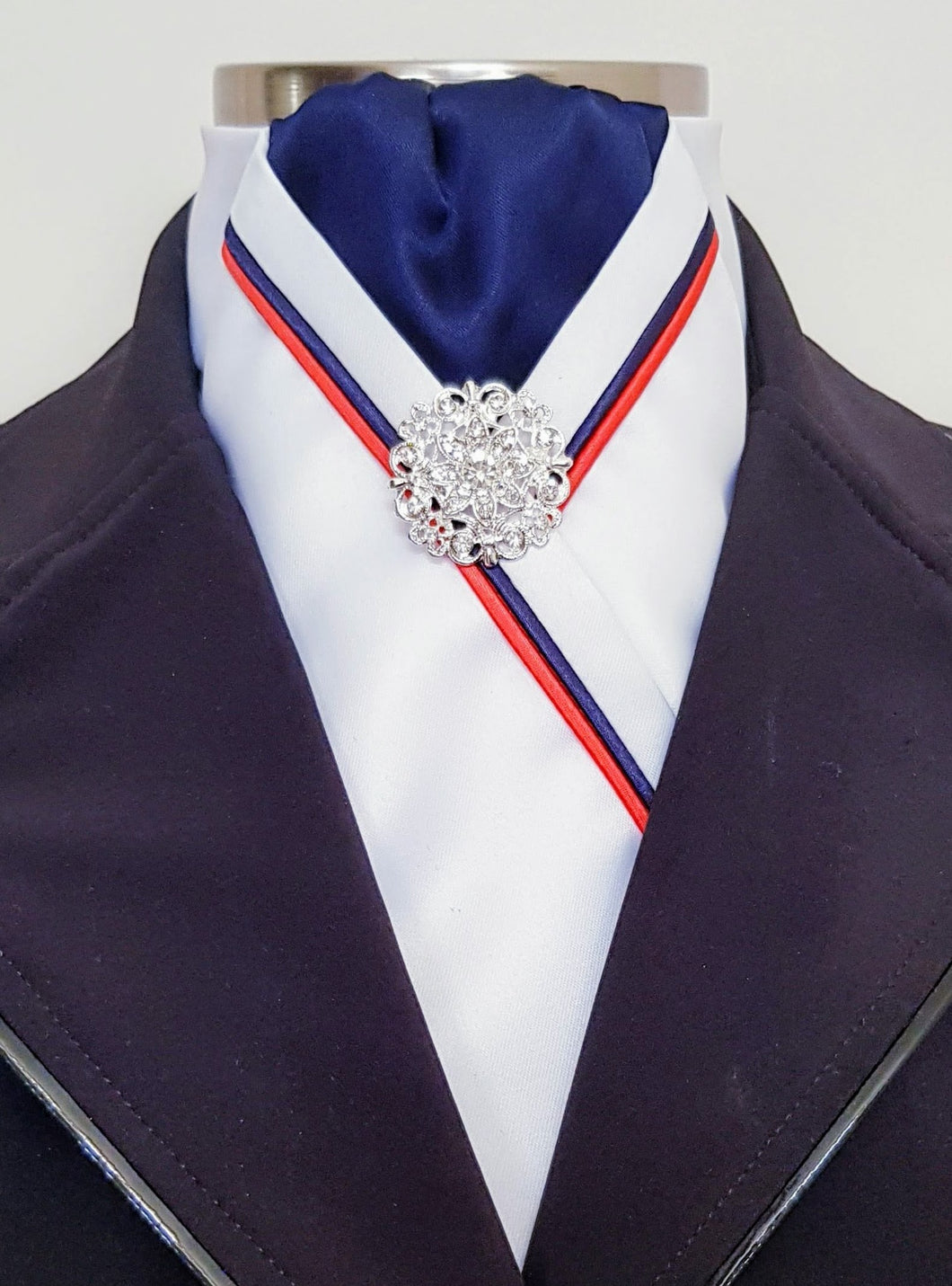 ERA RACHAEL STOCK TIE - White satin, navy, red & navy piping & brooch