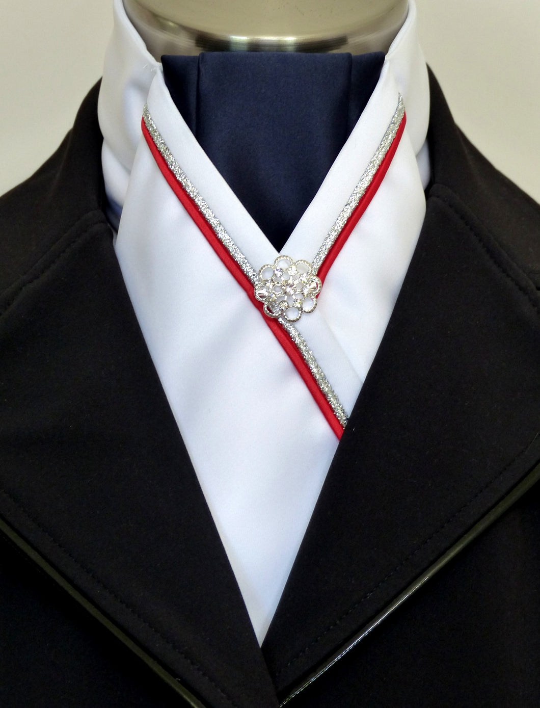 ERA RACHAEL STOCK TIE - White satin, navy, red & silver piping & brooch