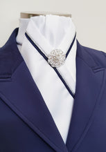 Load image into Gallery viewer, ERA RACHAEL STOCK TIE - White satin, navy &amp; silver piping &amp; brooch
