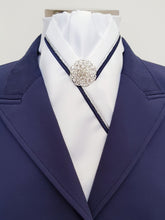 Load image into Gallery viewer, ERA RACHAEL STOCK TIE - White satin, navy &amp; silver piping &amp; brooch
