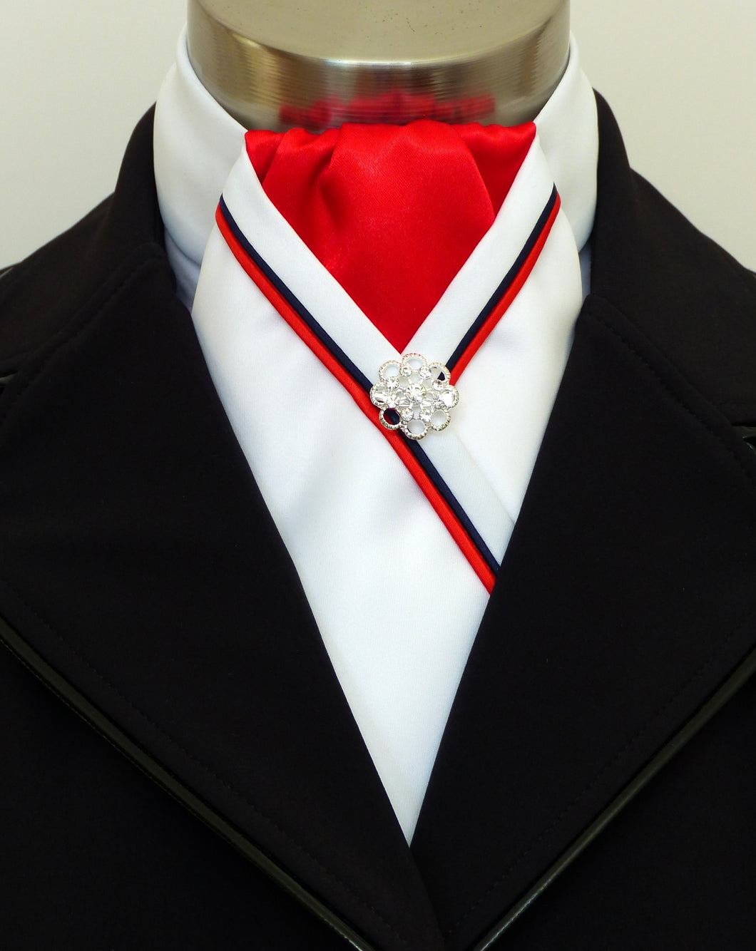 ERA RACHAEL STOCK TIE - White satin, red, black & red piping & brooch