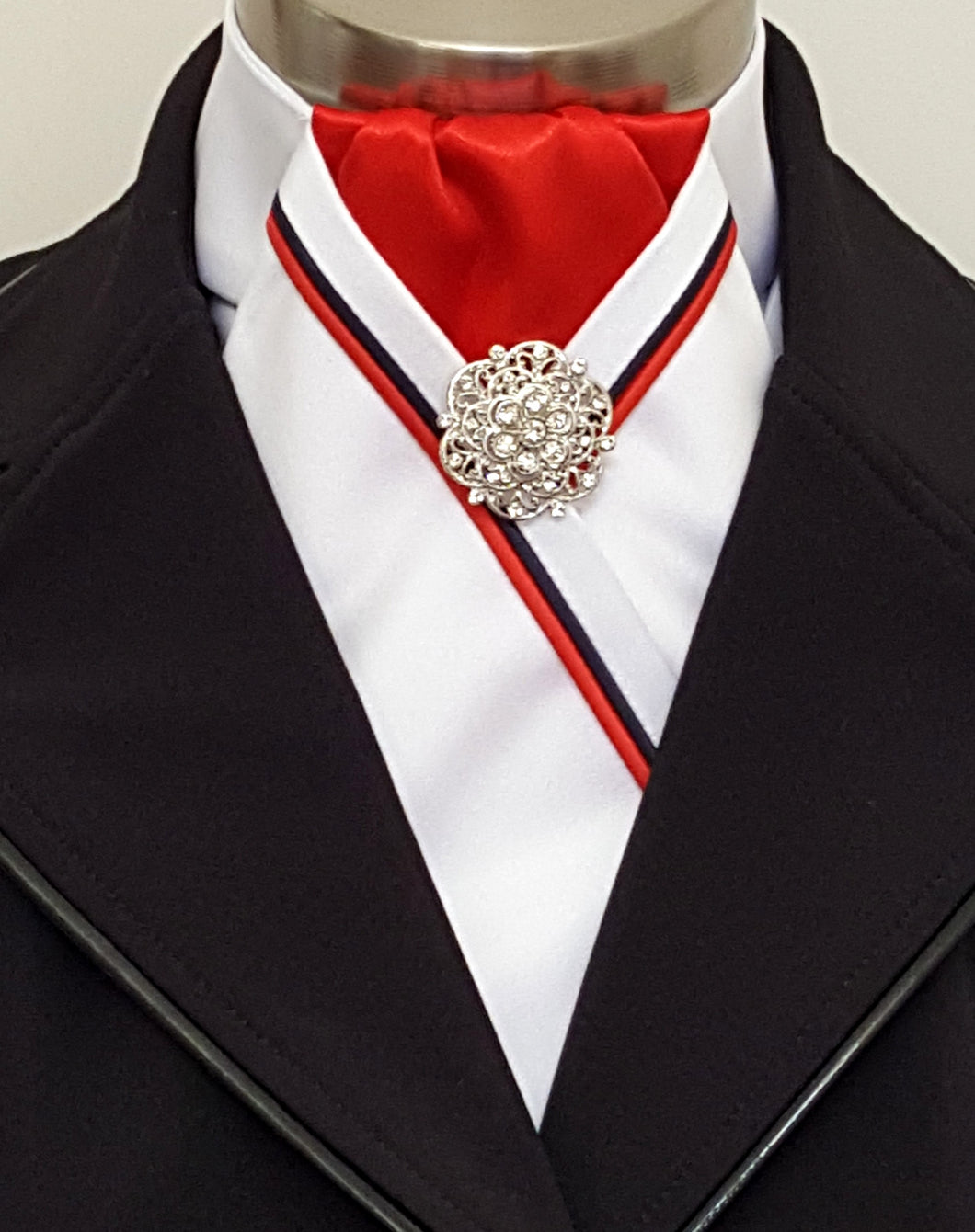 ERA RACHAEL STOCK TIE - White satin, red, black & red piping & brooch