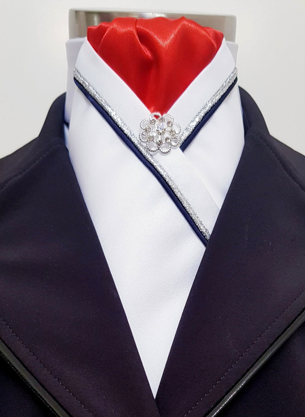 ERA RACHAEL STOCK TIE - White satin, red, silver & navy piping & brooch