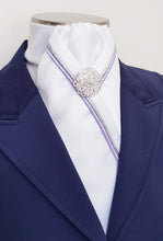 Load image into Gallery viewer, ERA RACHAEL STOCK TIE - White satin with lilac and silver piping &amp; brooch
