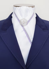 Load image into Gallery viewer, ERA RACHAEL STOCK TIE - White satin with lilac and silver piping &amp; brooch

