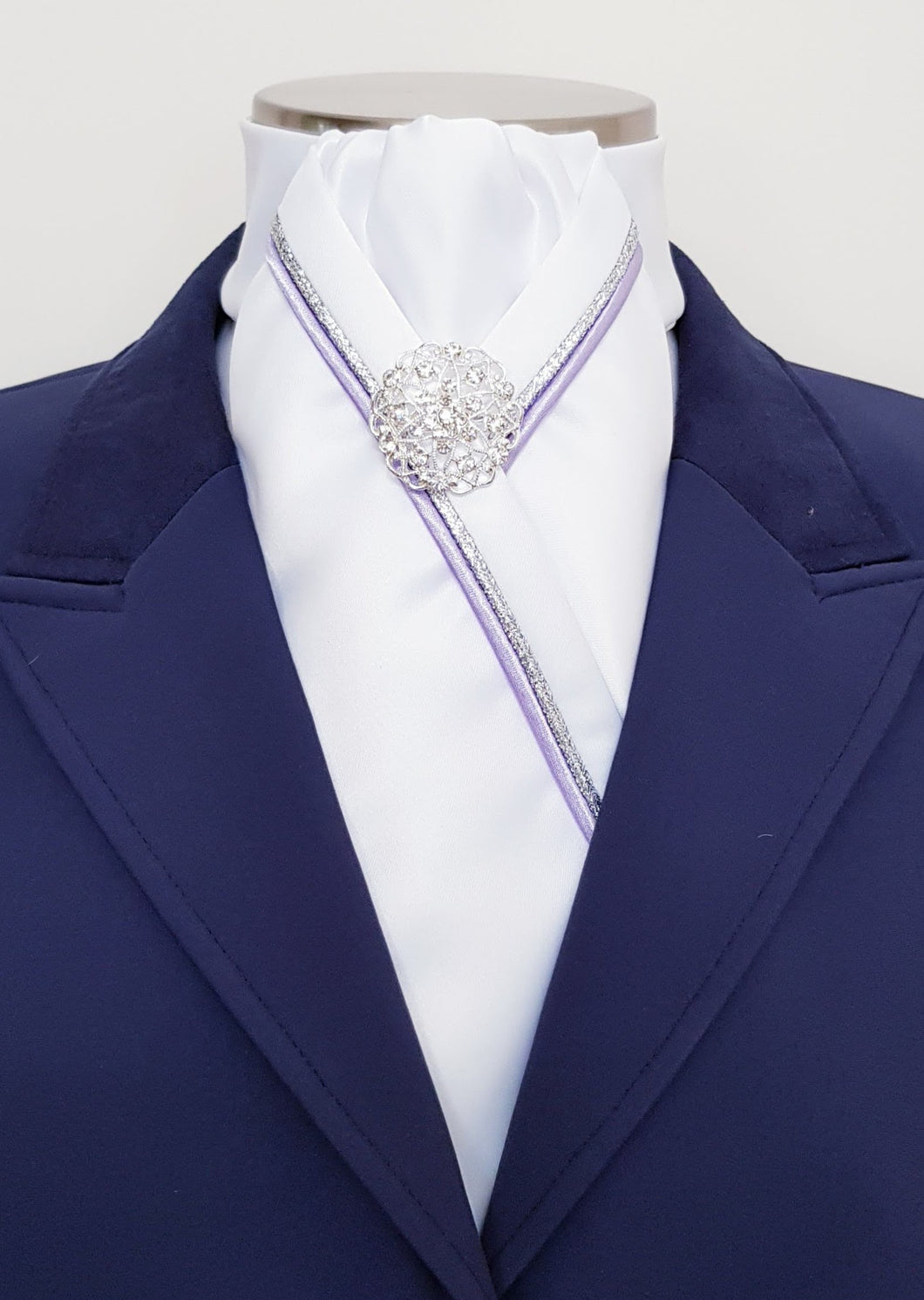 ERA RACHAEL STOCK TIE - White satin with lilac and silver piping & brooch