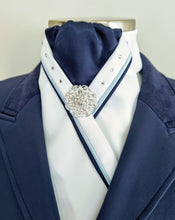 Load image into Gallery viewer, ERA SOPHIE STOCKTIE - White &amp; navy with pale blue &amp; navy piping, Swarovski crystals and brooch
