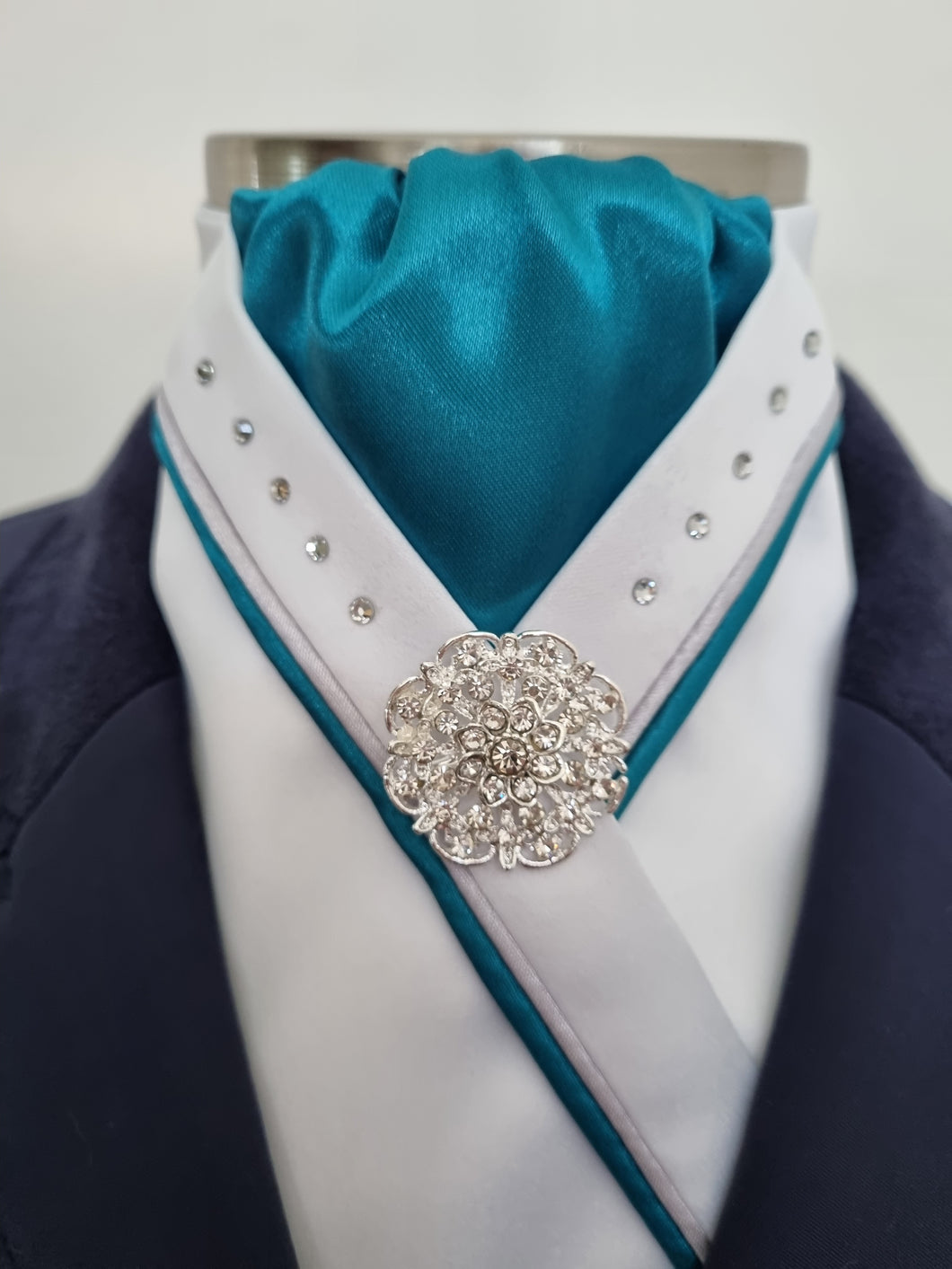 ERA SOPHIE STOCK TIE - White & Teal satin with teal & silver satin piping, crystals and silver brooch