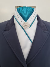 Load image into Gallery viewer, ERA SOPHIE STOCK TIE - White &amp; Teal satin with teal &amp; silver satin piping, crystals and silver brooch
